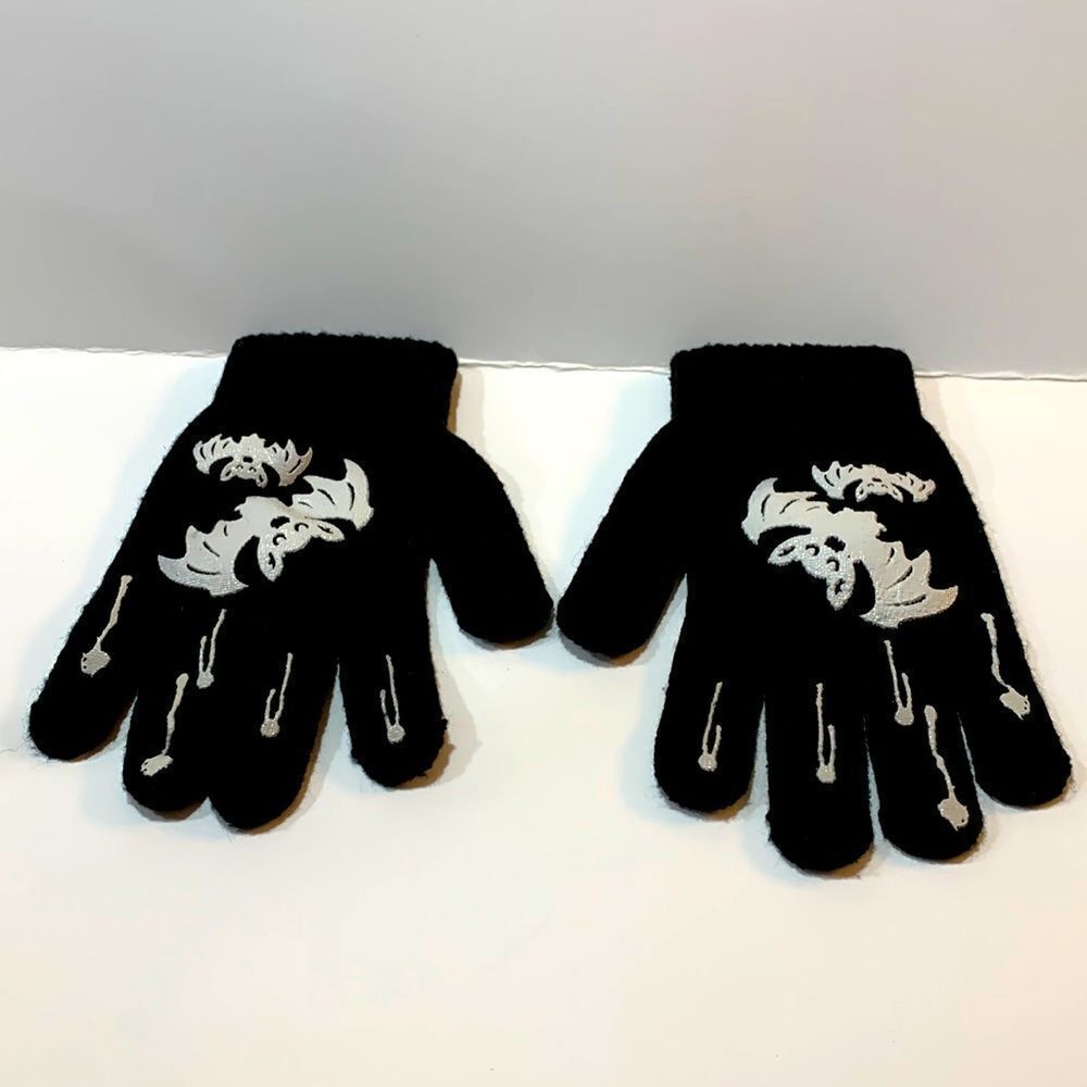Youth Girls Boys Unisex Comfy Knit Black Winter Gloves WITH BATS